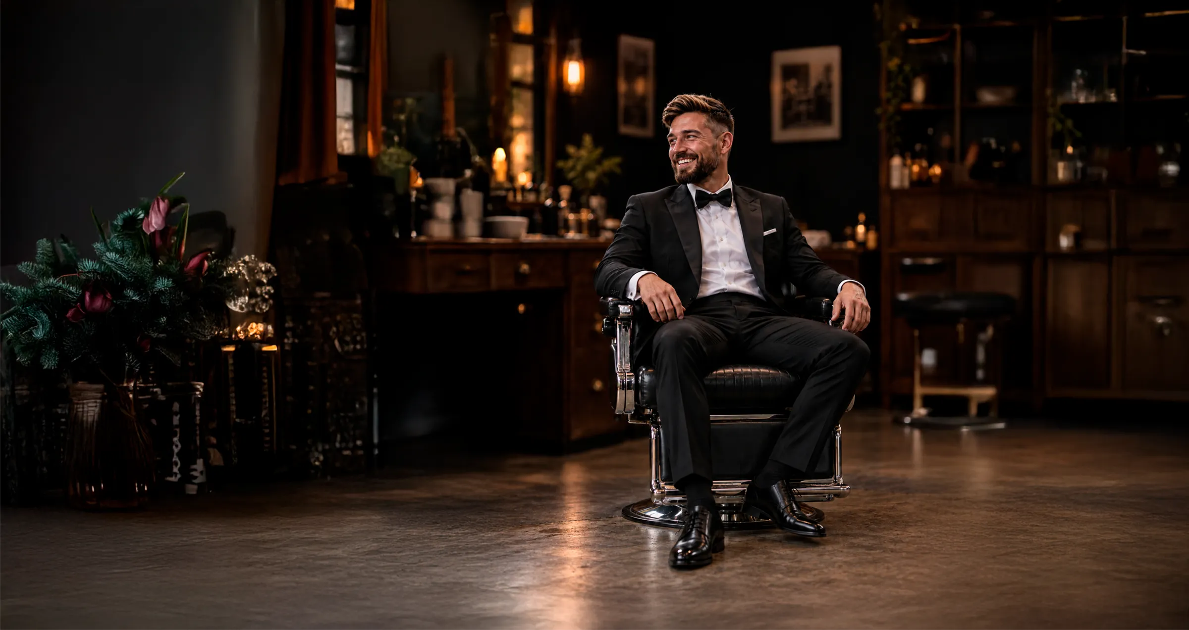 Noivo de terno na cadeira da Barbearia Cleto Prime